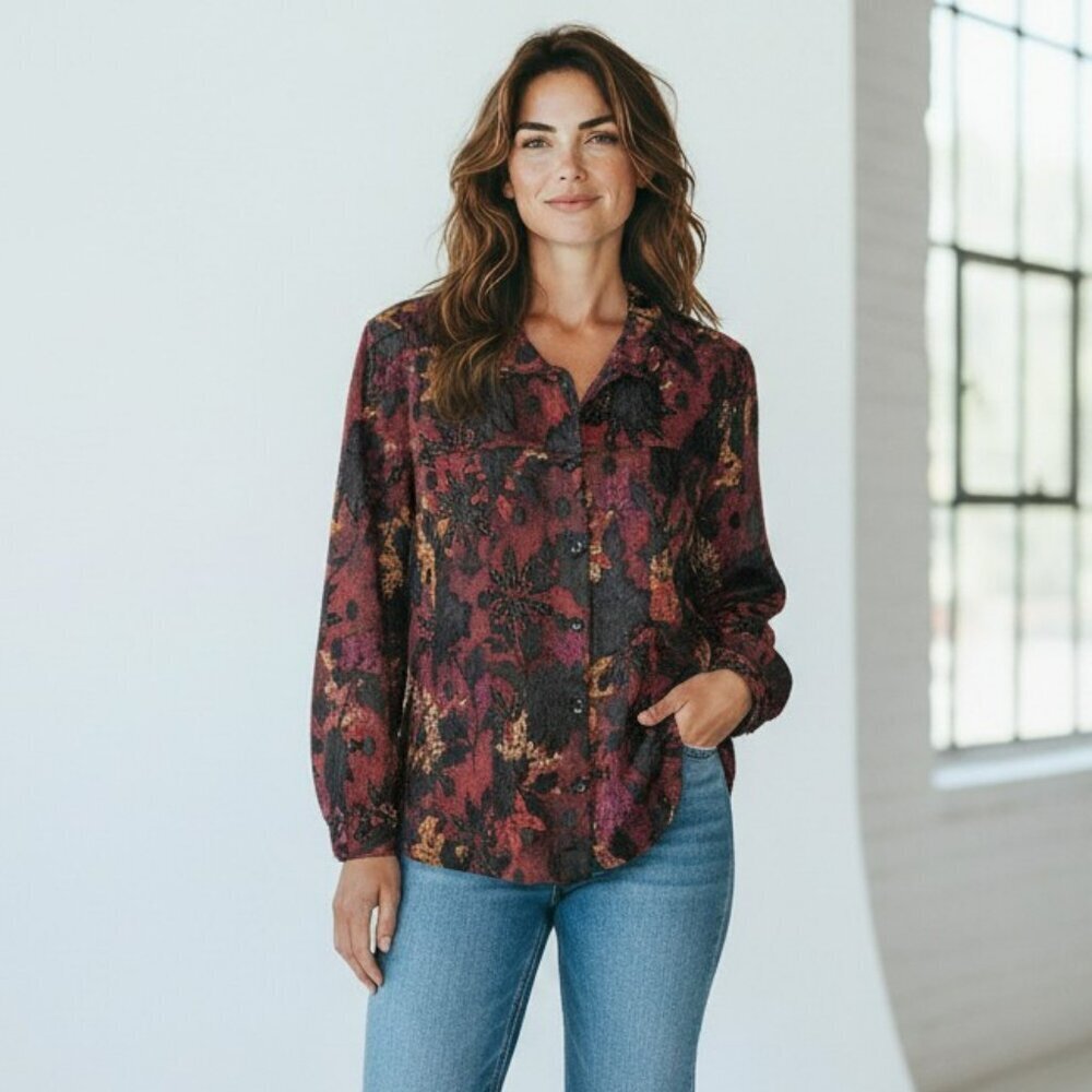 VTG Scott Taylor Womens Size 1X Maroon Floral Long Sleeve Button Up Jacket Coat